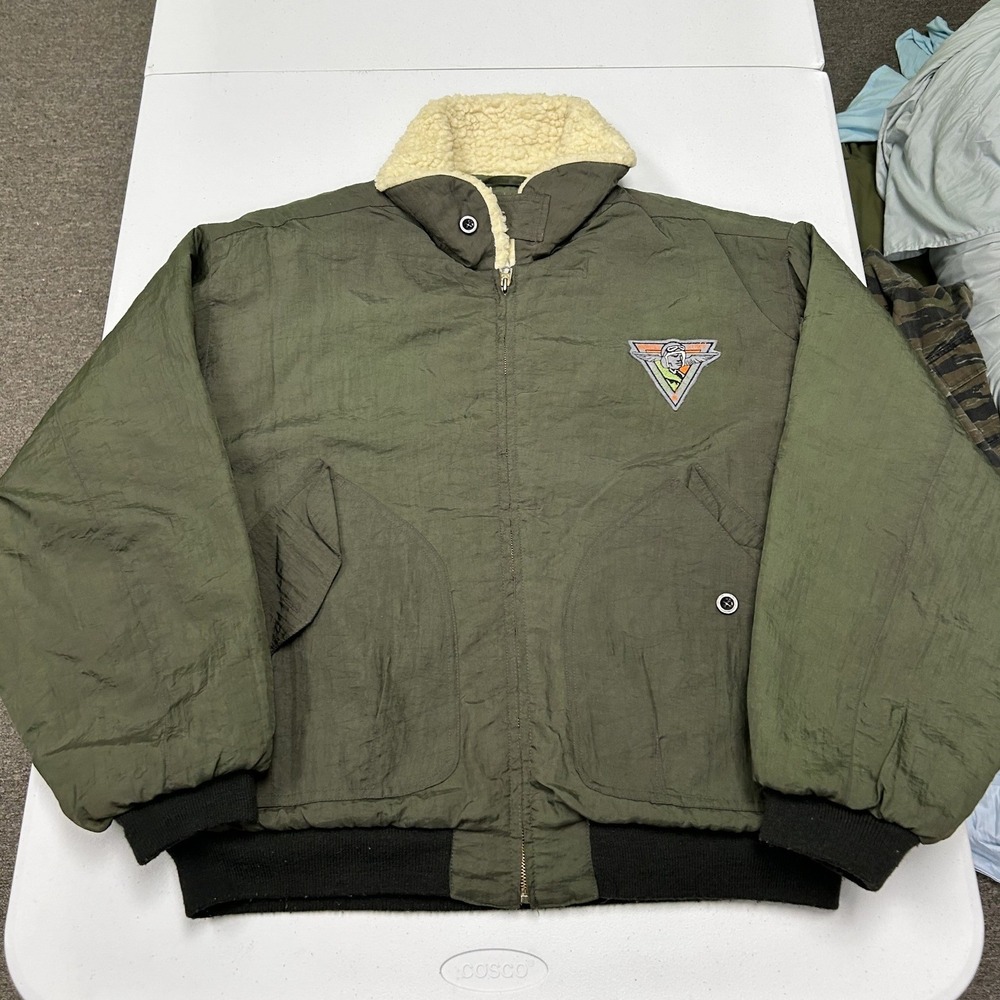 Unbranded Flight Bomber Jacket Mens L Olive Green Good Sherpa Collar Vintage